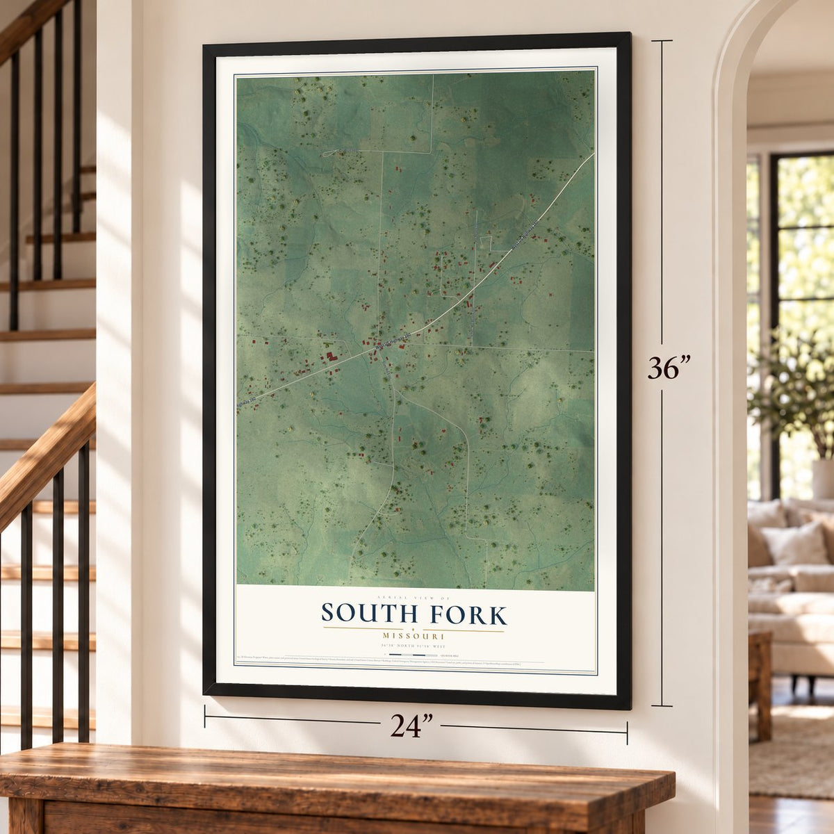 South Fork, Missouri map, 24 x 36 inch print in a black frame by a staircase