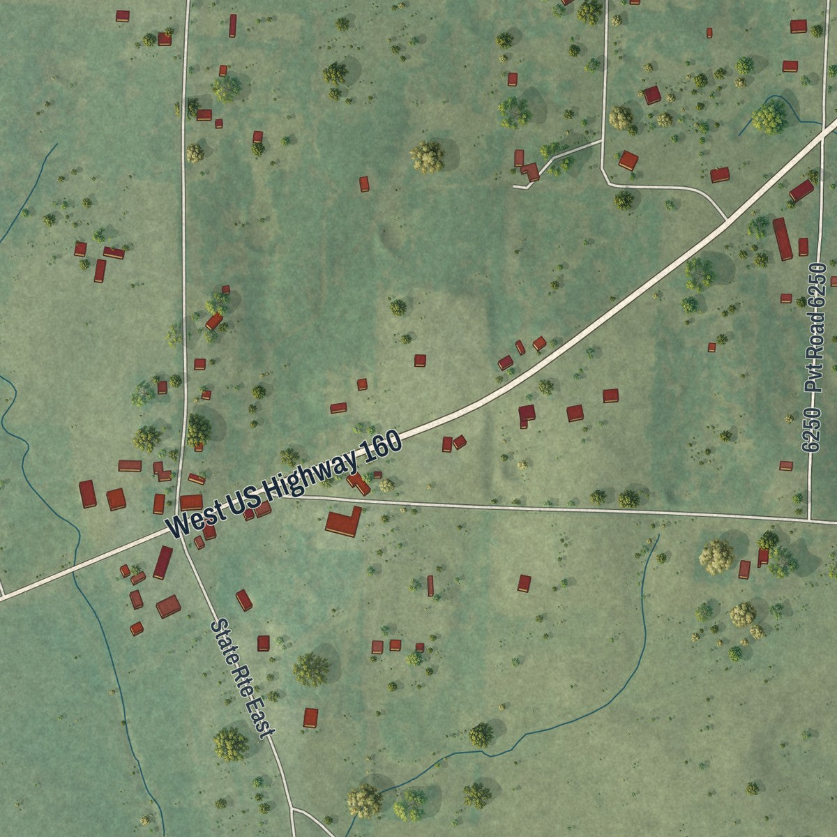 Close-up of the map of South Fork, Missouri print showing street and building detail
