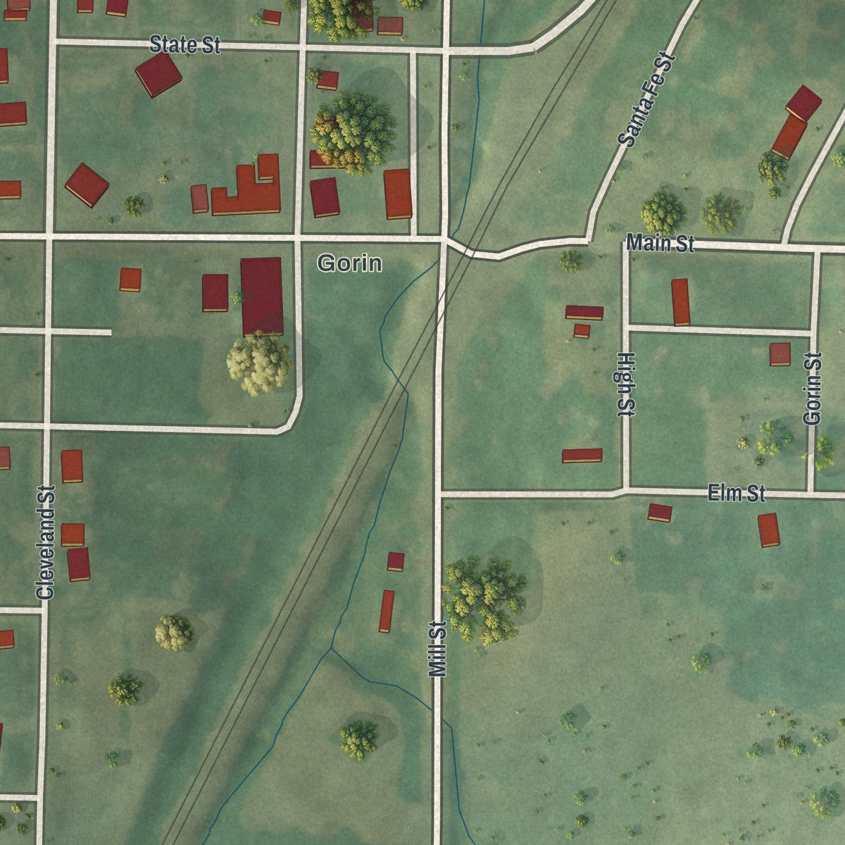 Close-up of the map of South Gorin, Missouri print showing street and building detail