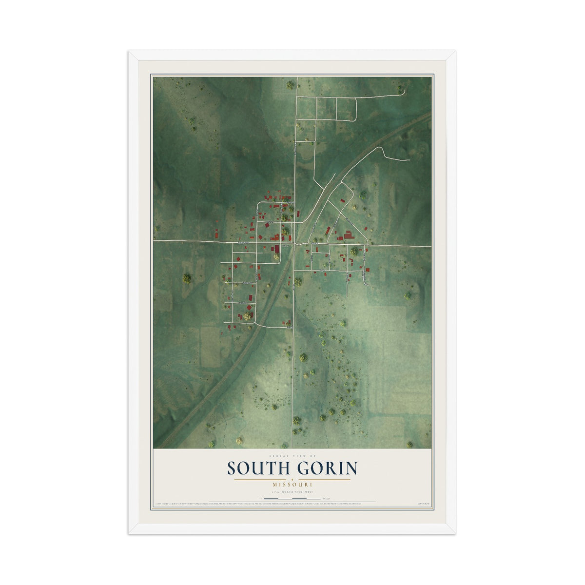 Map of South Gorin, Missouri, 12 x 18 inch print in a white wood frame