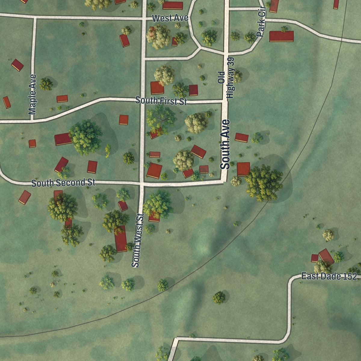 Close-up of the map of South Greenfield, Missouri print showing street and building detail