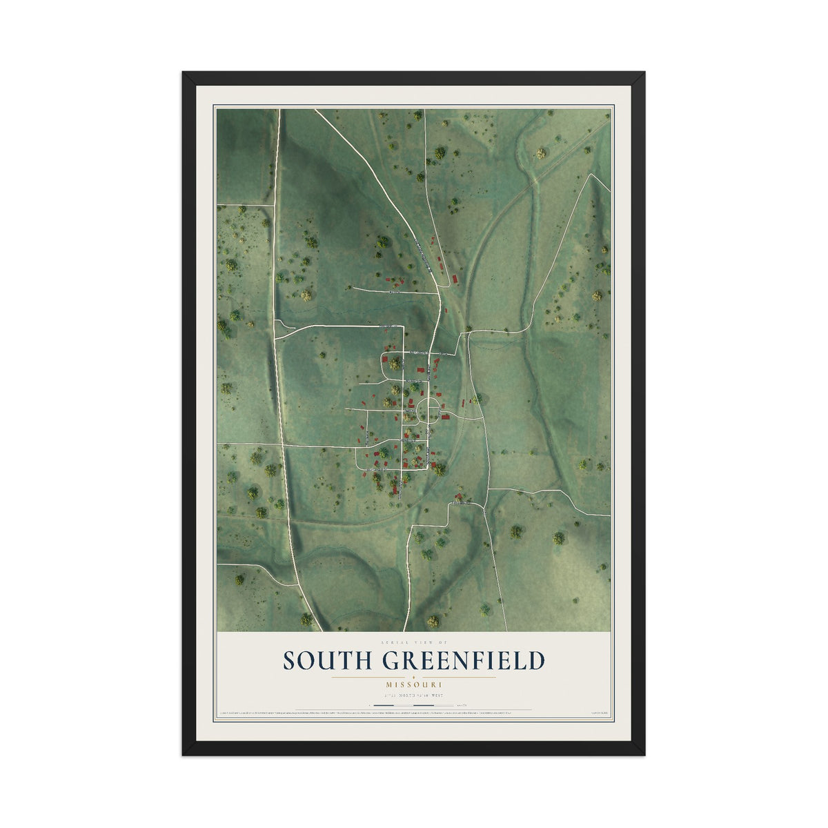 Map of South Greenfield, Missouri, 12 x 18 inch print in a black wood frame