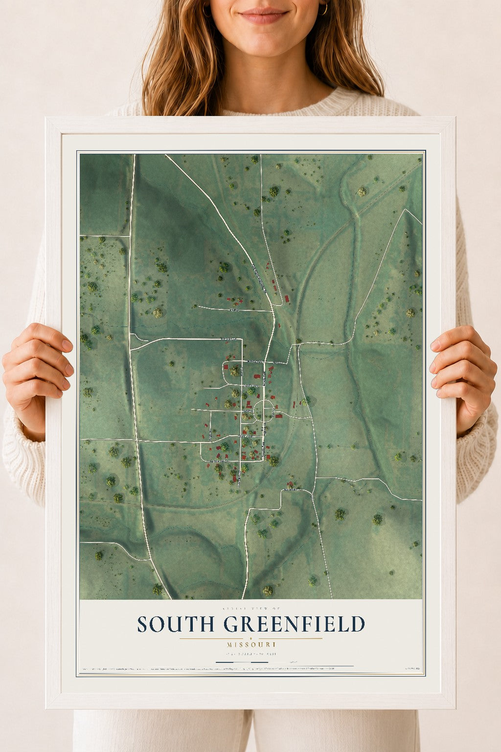Map of South Greenfield, Missouri, 18 x 24 inch print in a white wood frame