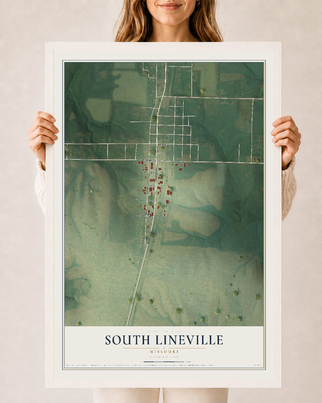 Map of South Lineville, Missouri, 24 x 36 inch print in a white wood frame