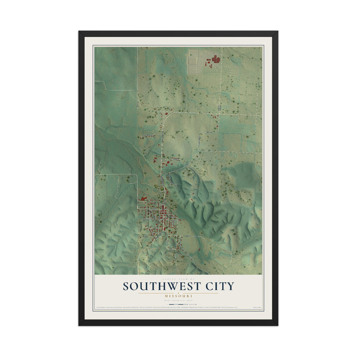 Map of Southwest City, Missouri, 12 x 18 inch print in a black wood frame