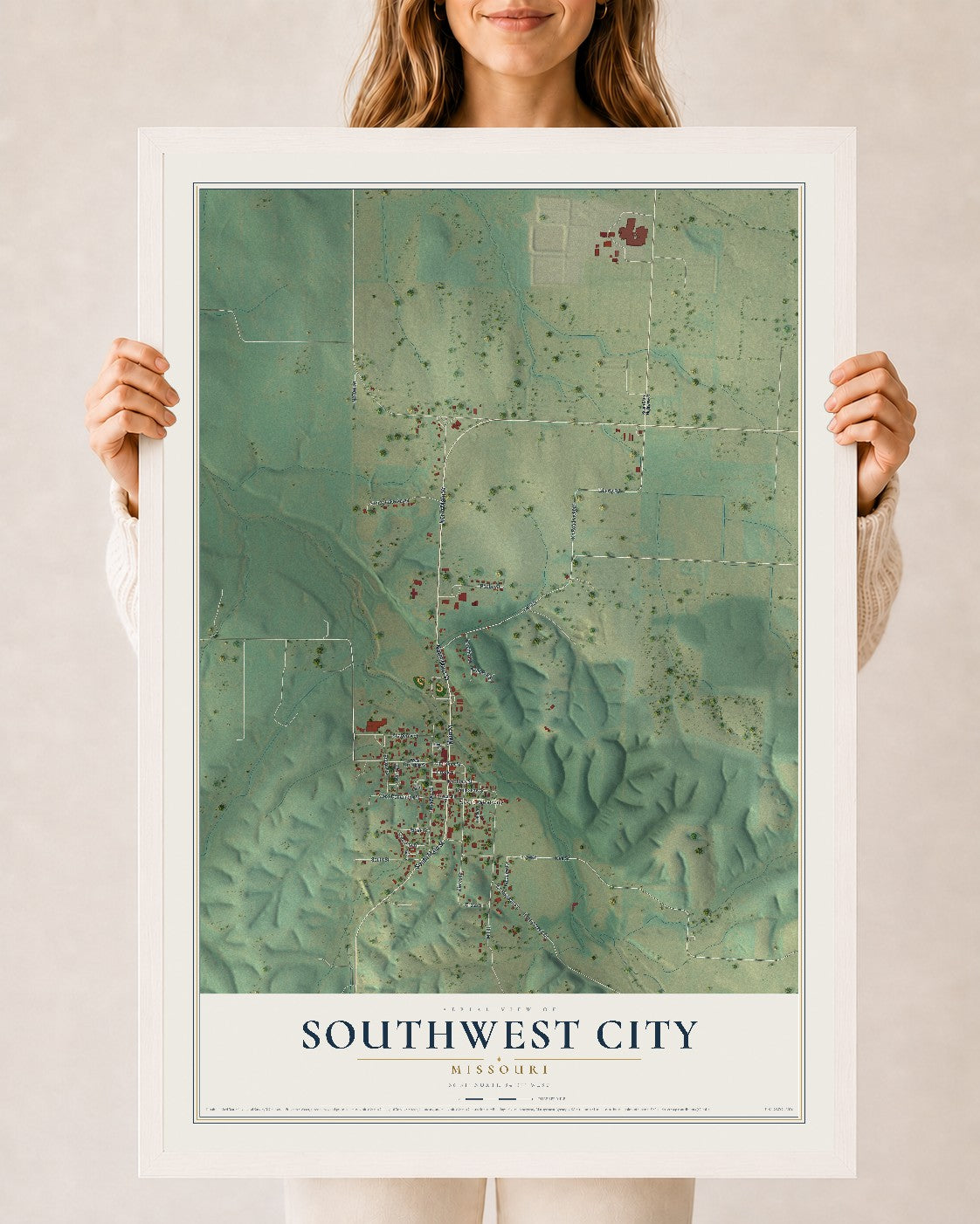 Map of Southwest City, Missouri, 24 x 36 inch print in a white wood frame