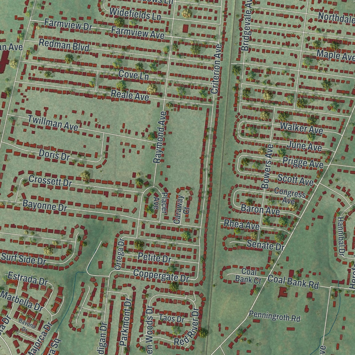 Close-up of the map of Spanish Lake, Missouri print showing street and building detail