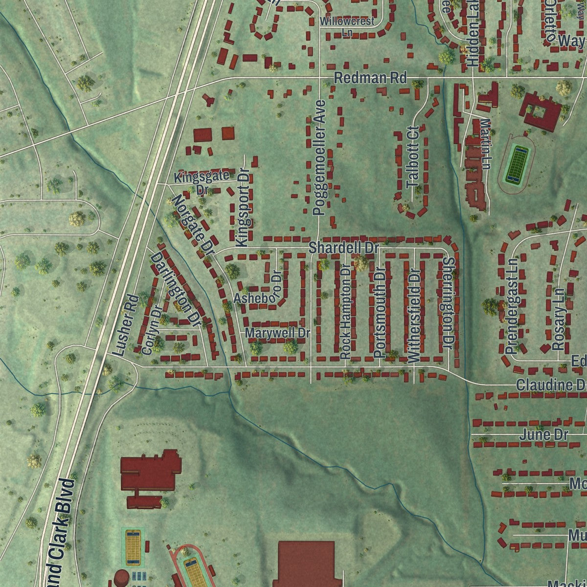 Second close-up of the map of Spanish Lake, Missouri print showing more streets and buildings