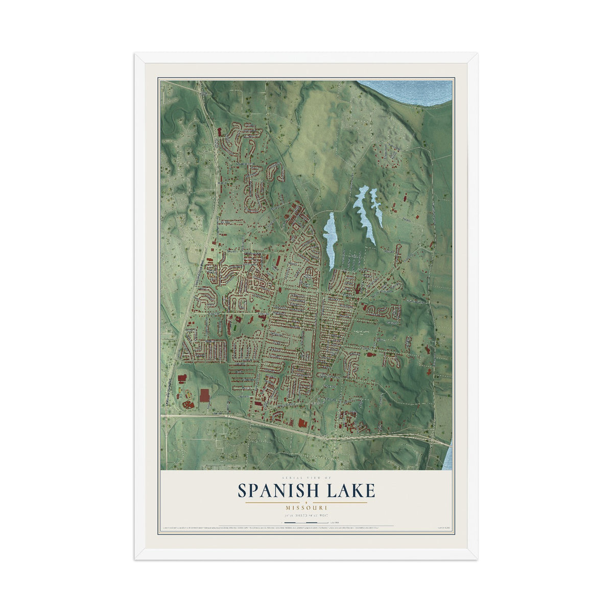 Map of Spanish Lake, Missouri, 12 x 18 inch print in a white wood frame