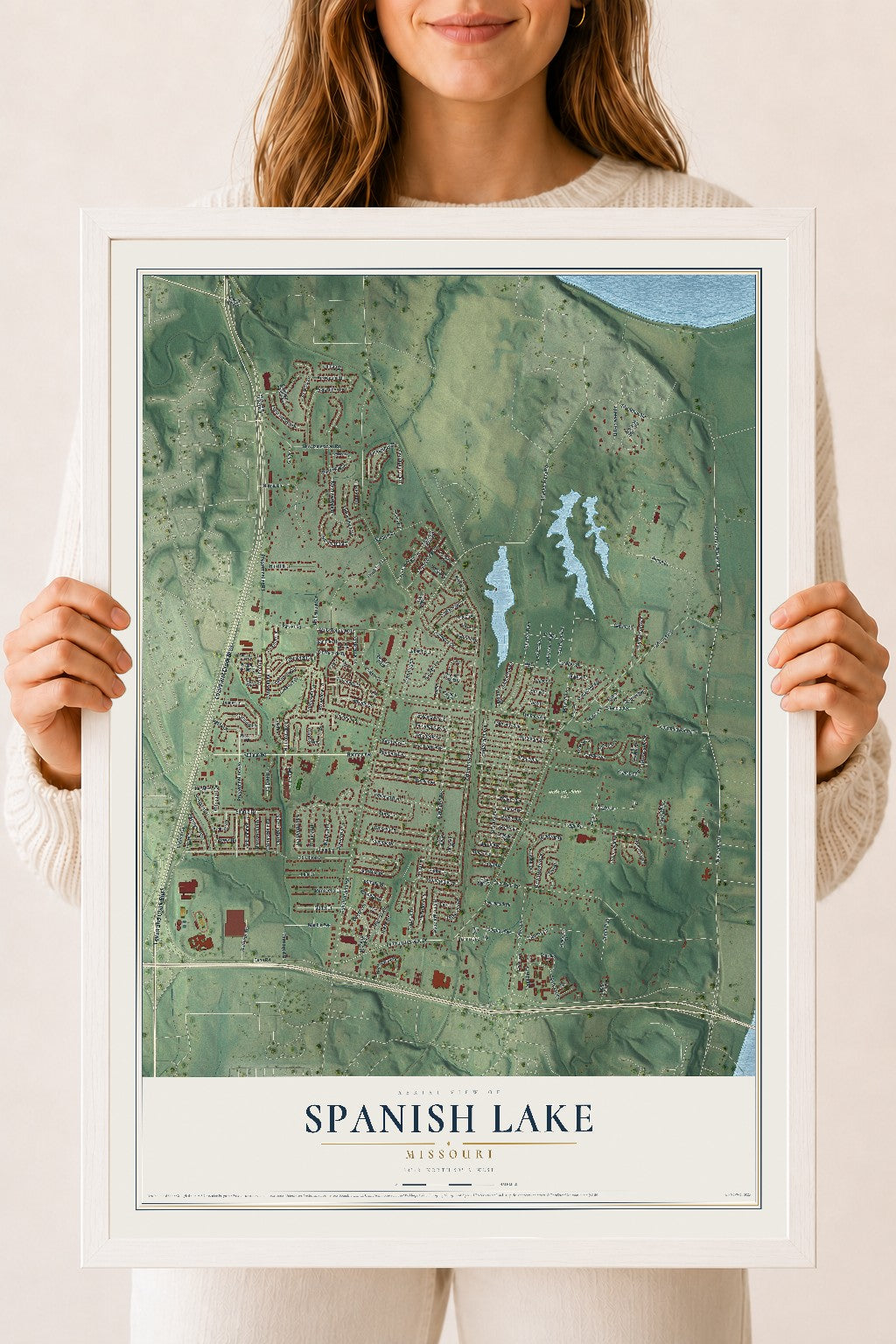Map of Spanish Lake, Missouri, 18 x 24 inch print in a white wood frame