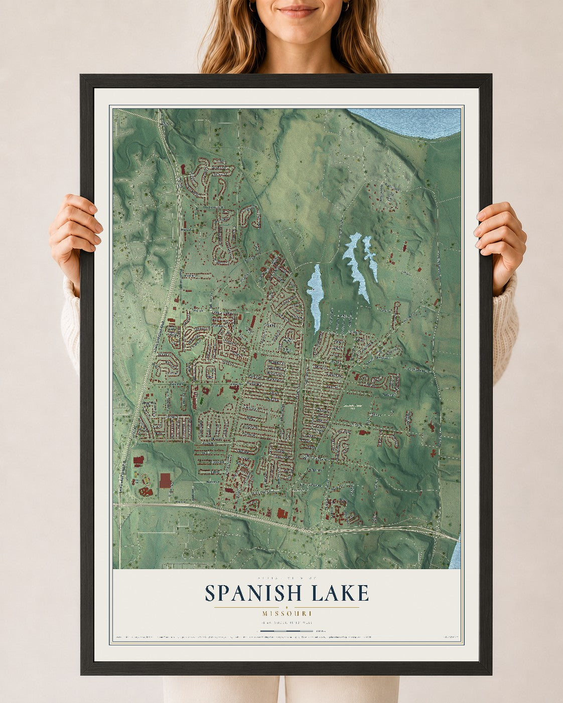 Map of Spanish Lake, Missouri, 24 x 36 inch print in a black wood frame