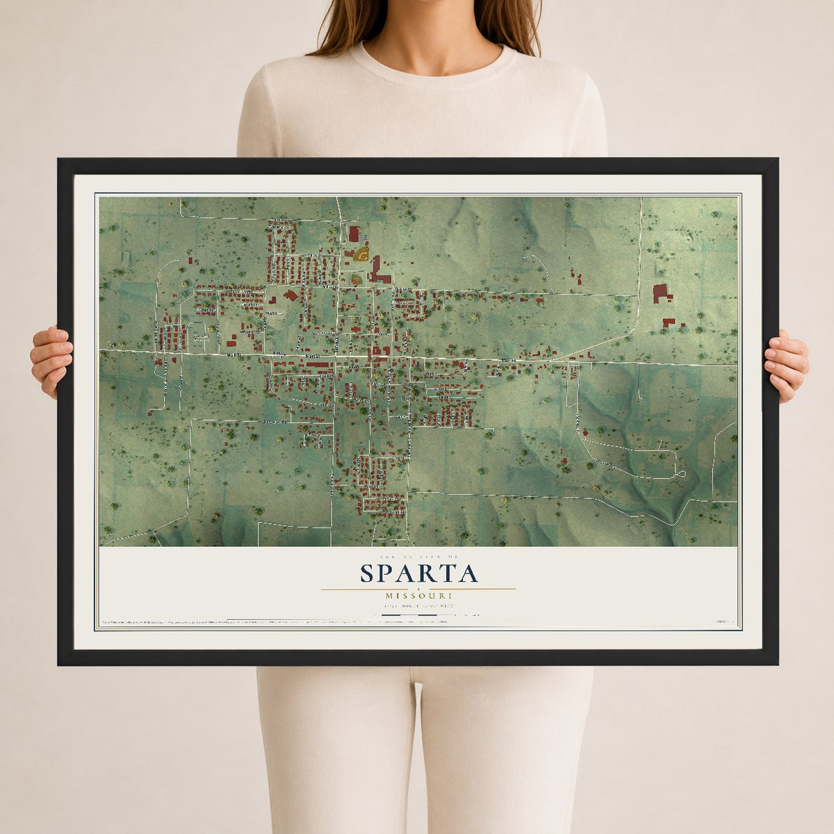 Map of Sparta, Missouri, 24 x 36 inch print in a black wood frame