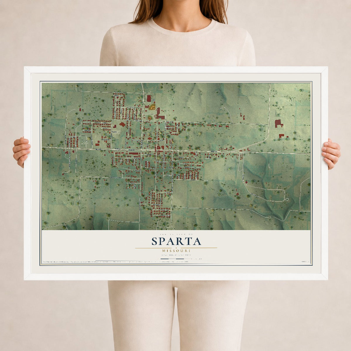 Map of Sparta, Missouri, 24 x 36 inch print in a white wood frame