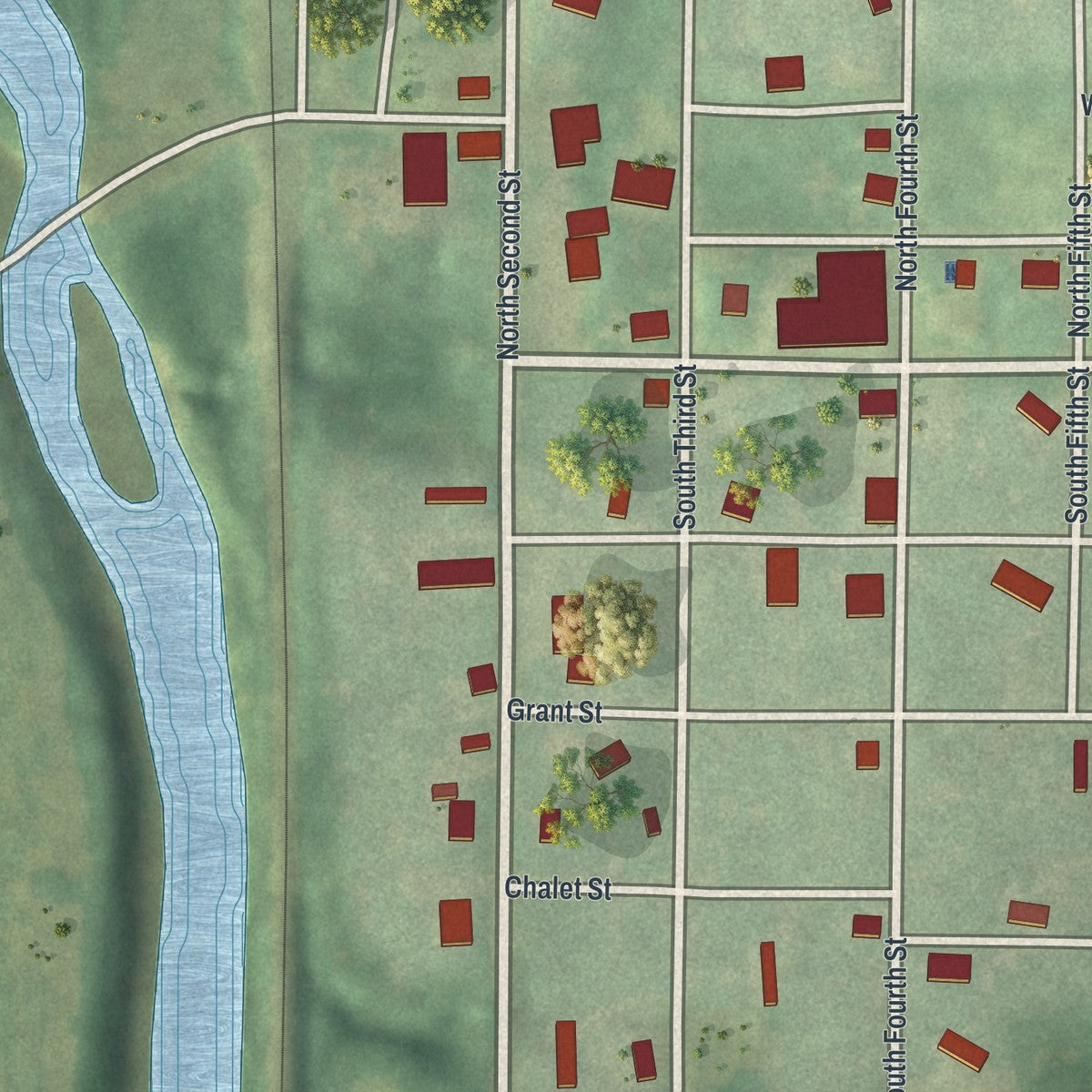 Close-up of the map of Spickard, Missouri print showing street and building detail