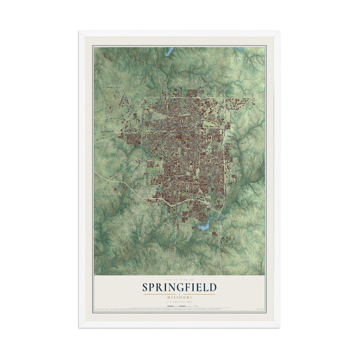 Map of Springfield, Missouri, 12 x 18 inch print in a white wood frame