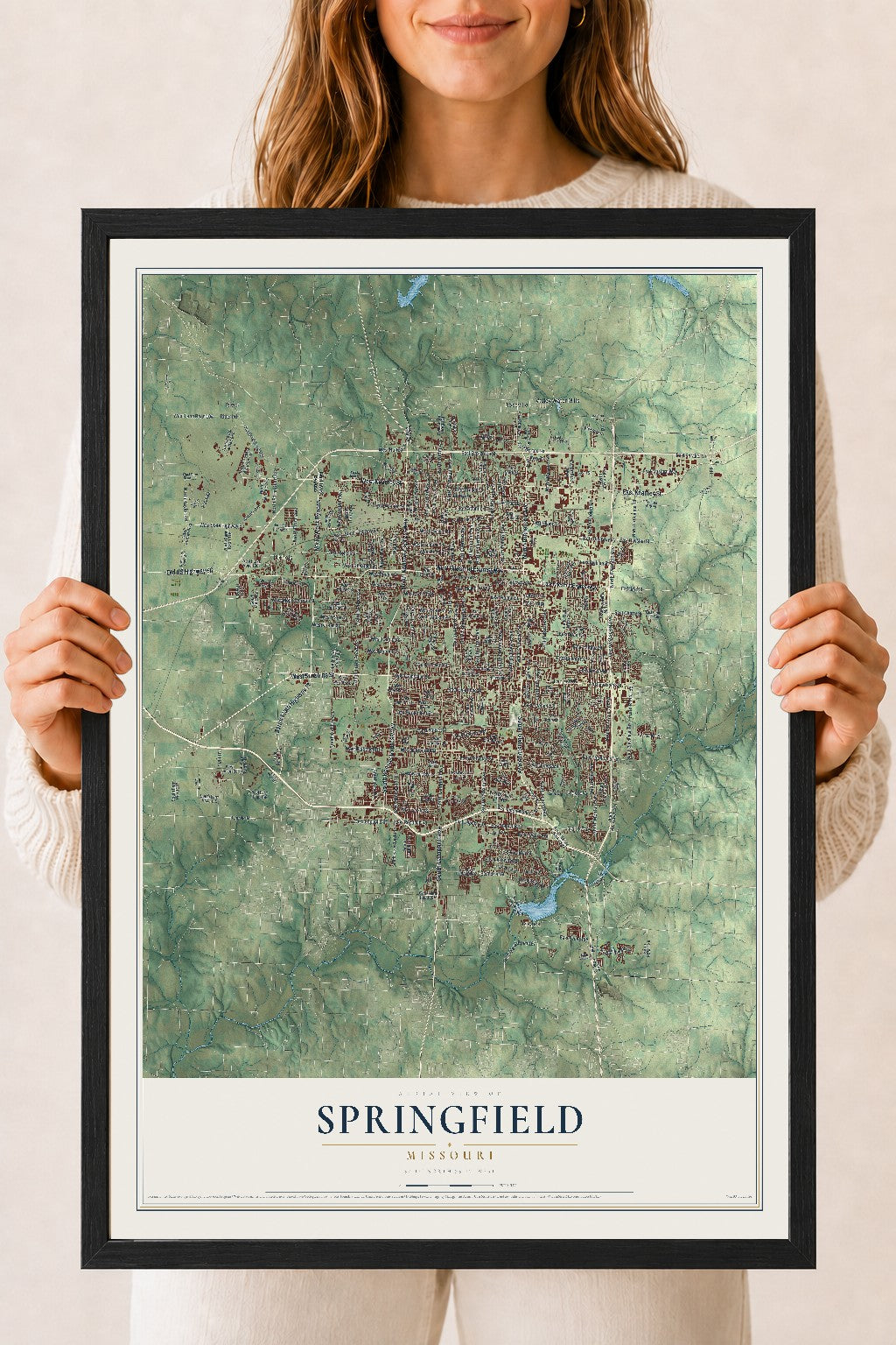 Map of Springfield, Missouri, 18 x 24 inch print in a black wood frame