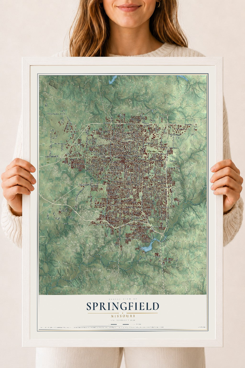 Map of Springfield, Missouri, 18 x 24 inch print in a white wood frame