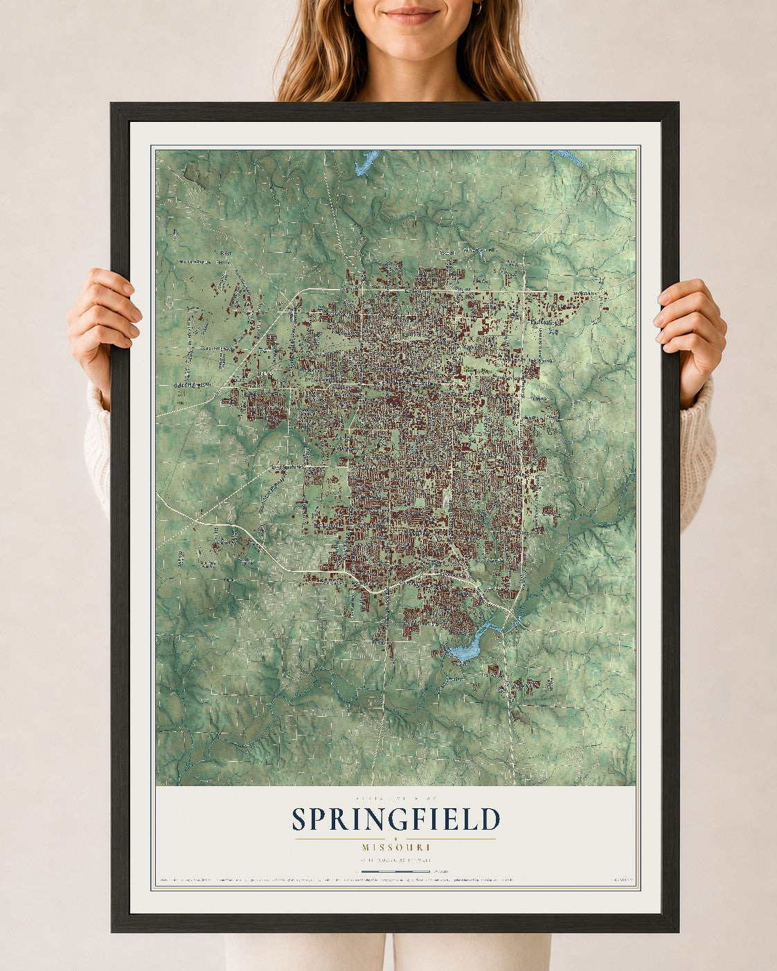 Map of Springfield, Missouri, 24 x 36 inch print in a black wood frame