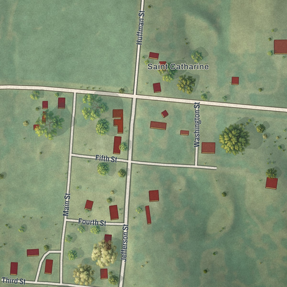 Close-up of the map of St. Catharine, Missouri print showing street and building detail