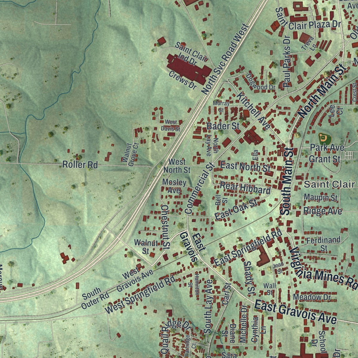 Close-up of the map of St. Clair, Missouri print showing street and building detail