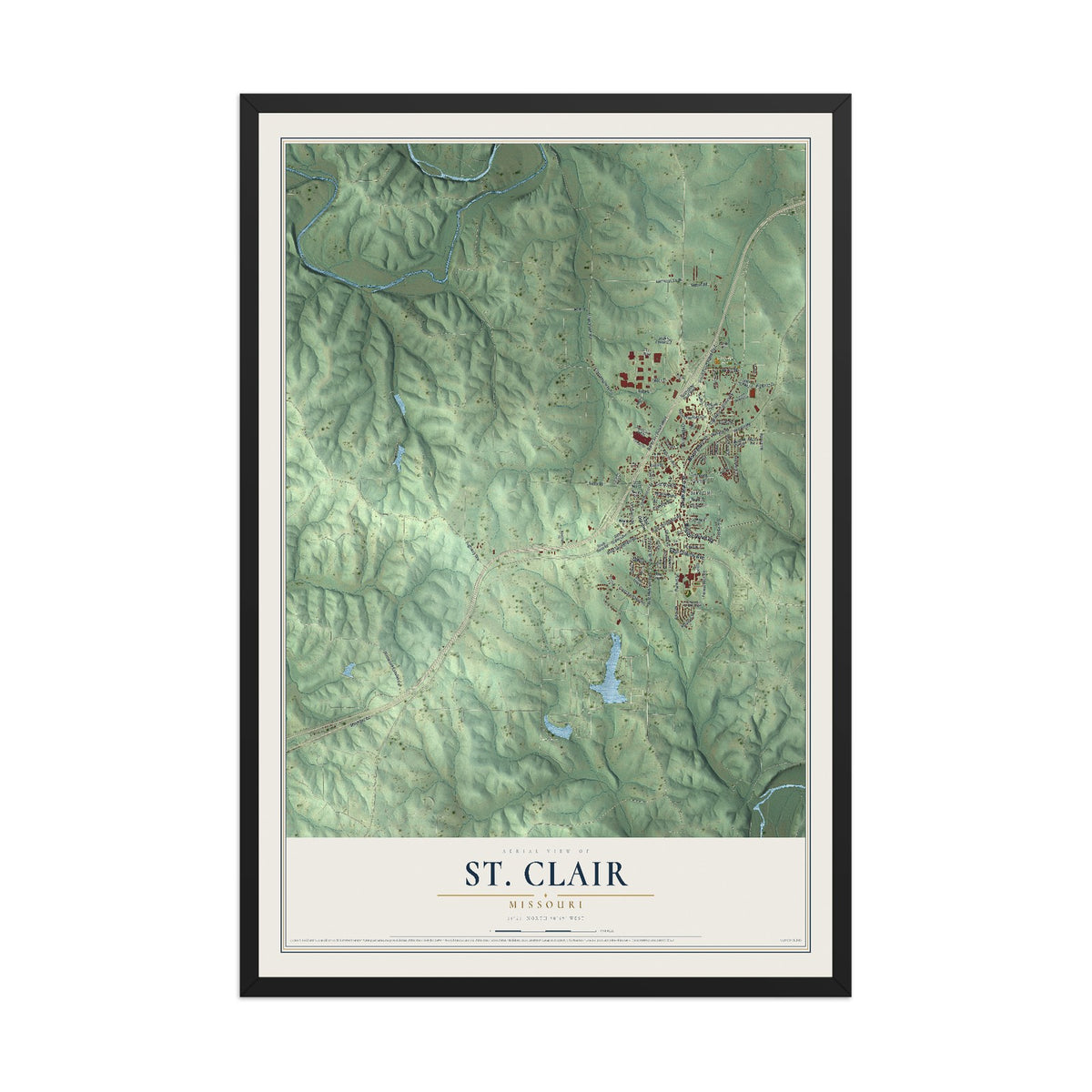Map of St. Clair, Missouri, 12 x 18 inch print in a black wood frame
