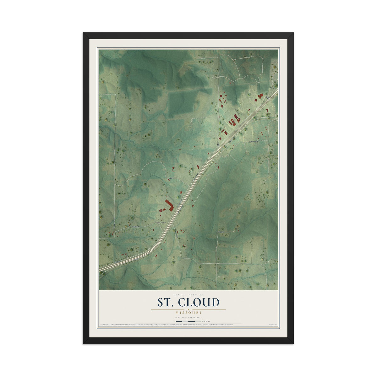 Map of St. Cloud, Missouri, 12 x 18 inch print in a black wood frame