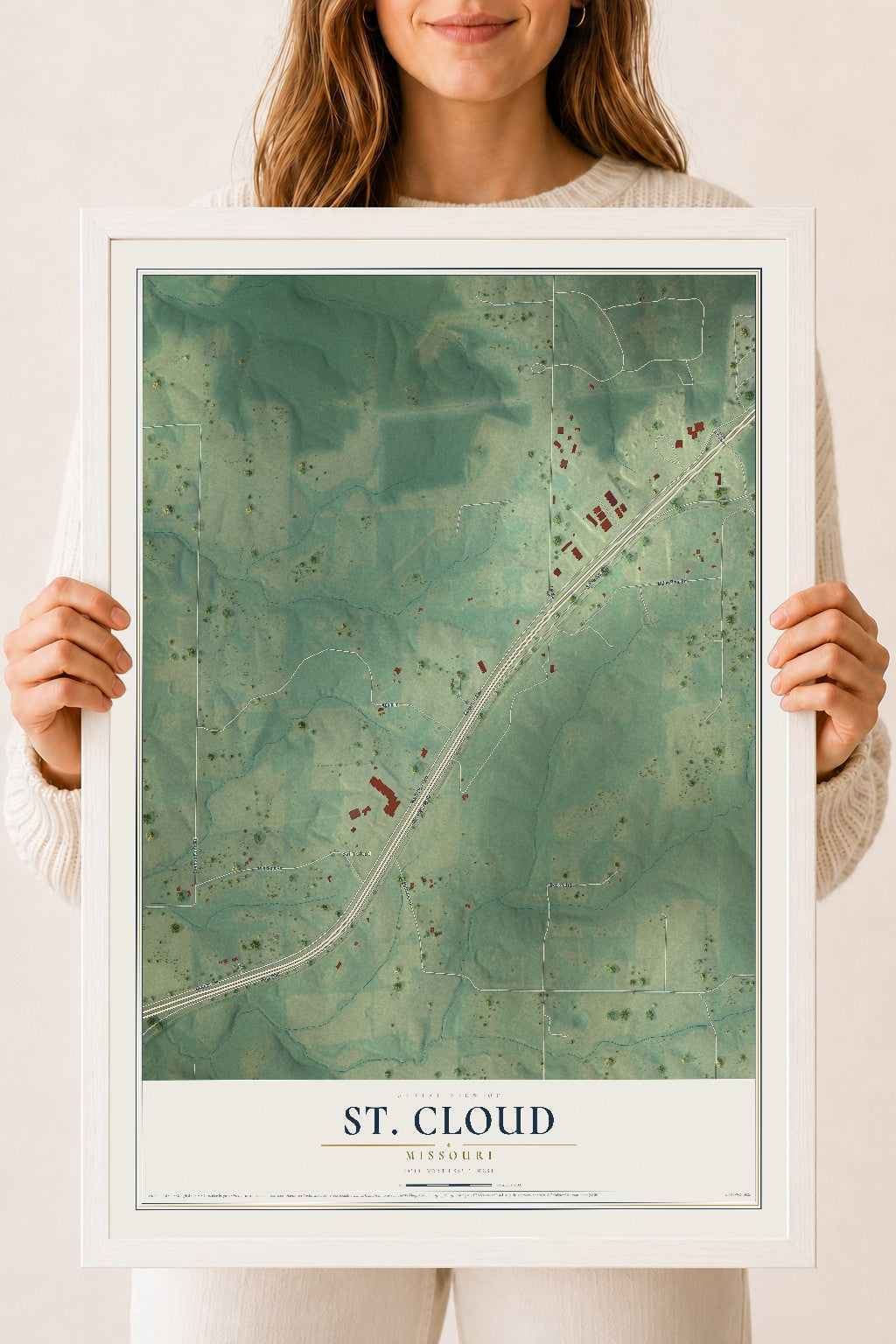 Map of St. Cloud, Missouri, 18 x 24 inch print in a white wood frame