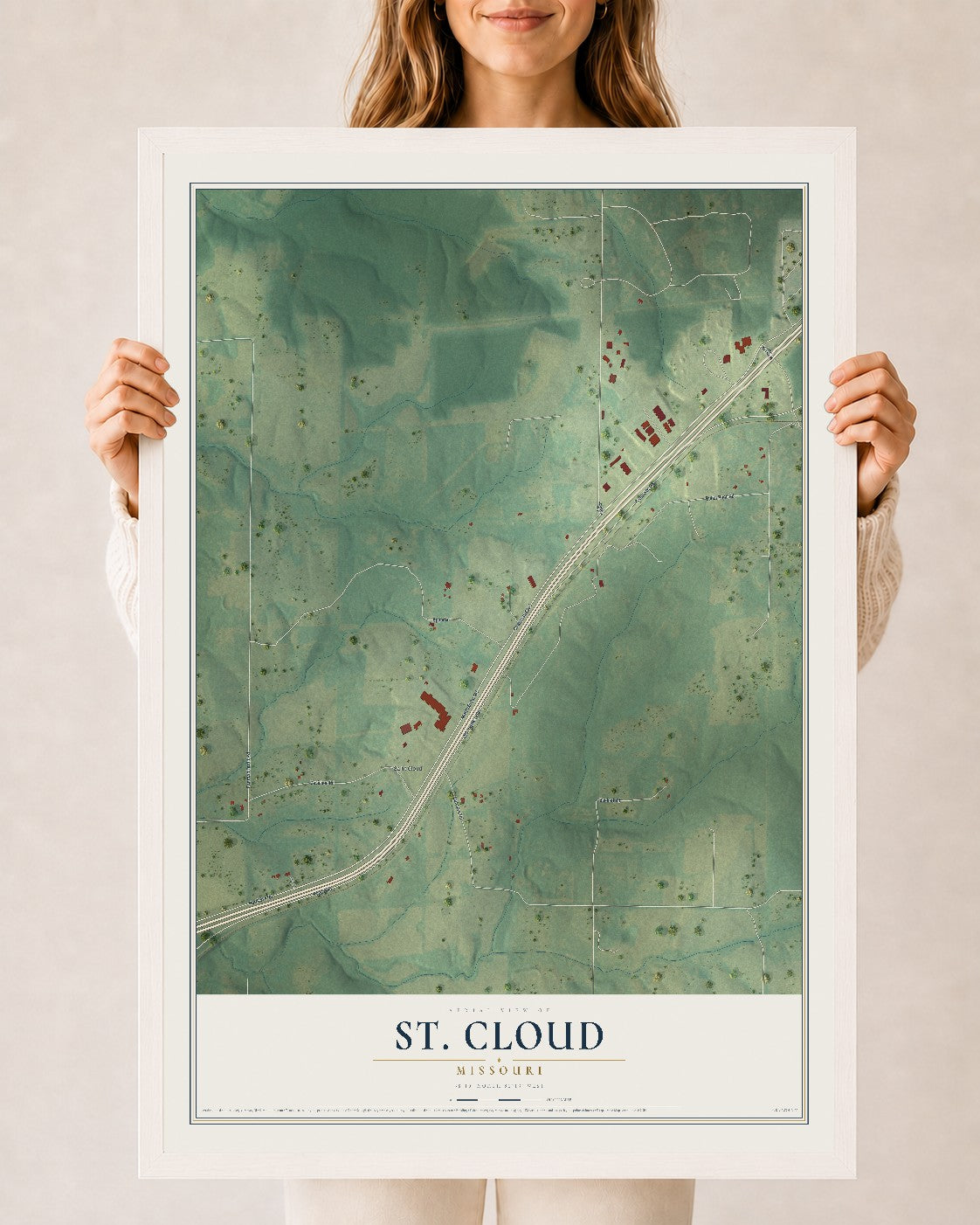 Map of St. Cloud, Missouri, 24 x 36 inch print in a white wood frame