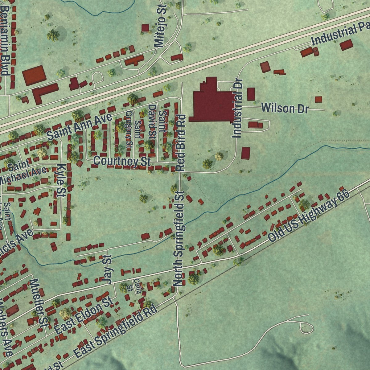 Second close-up of the map of St. James, Missouri print showing more streets and buildings