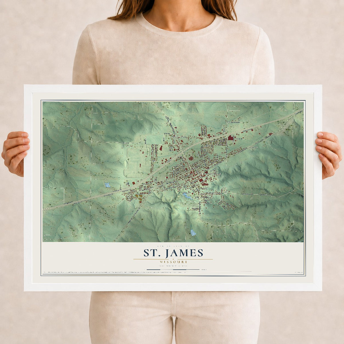 Map of St. James, Missouri, 12 x 18 inch print in a white wood frame