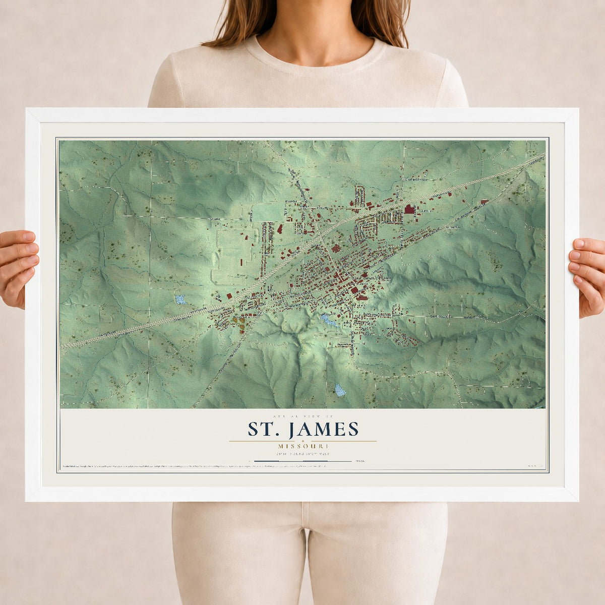 Map of St. James, Missouri, 18 x 24 inch print in a white wood frame