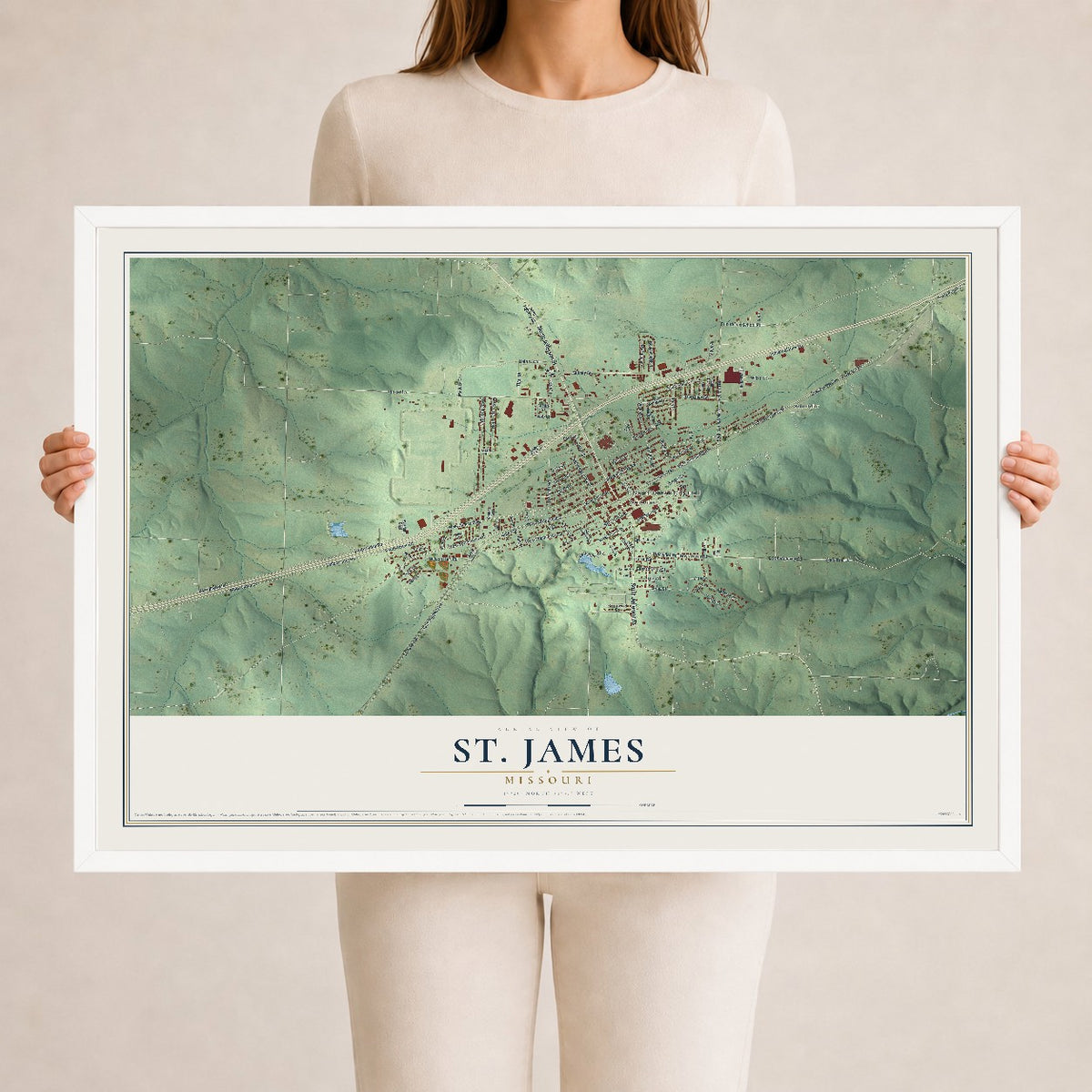 Map of St. James, Missouri, 24 x 36 inch print in a white wood frame
