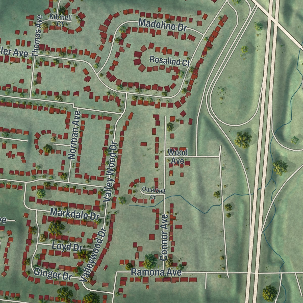 Second close-up of the map of St. John, Missouri print showing more streets and buildings