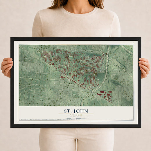 Map of St. John, Missouri, 12 x 18 inch print in a black wood frame
