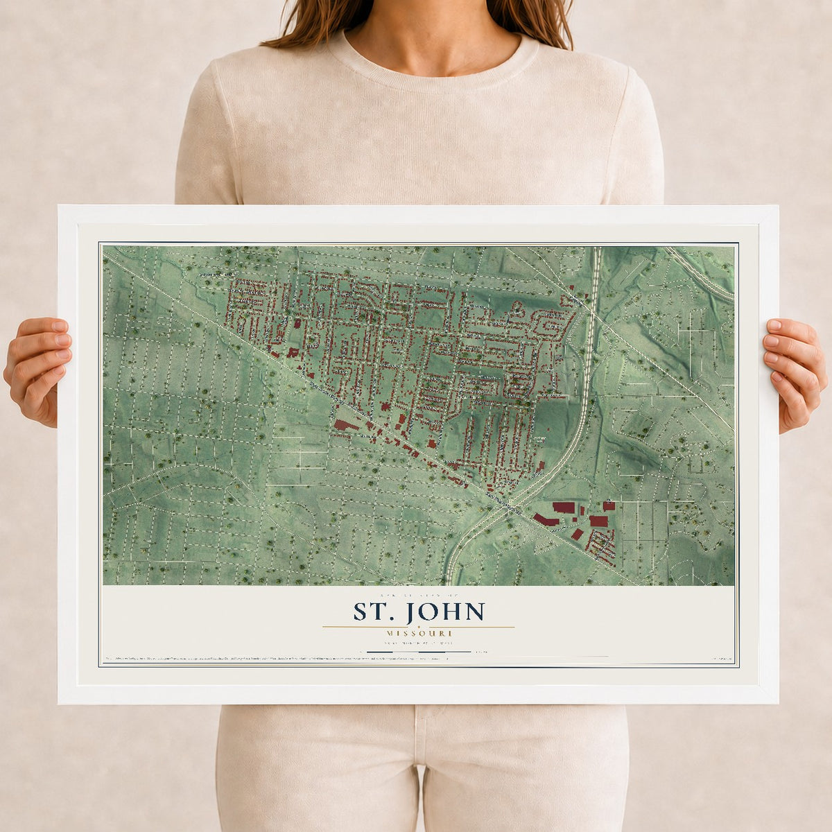 Map of St. John, Missouri, 12 x 18 inch print in a white wood frame