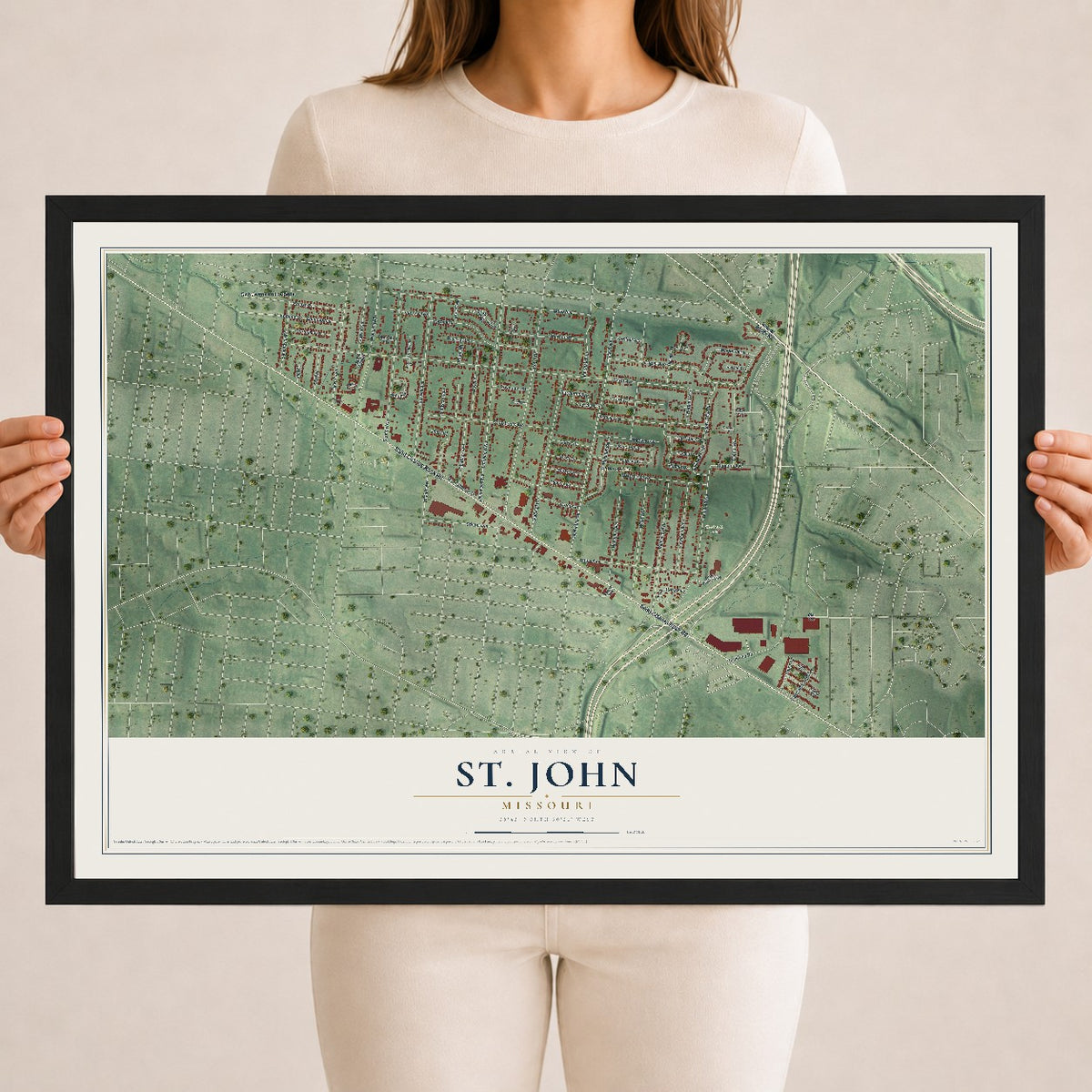 Map of St. John, Missouri, 18 x 24 inch print in a black wood frame