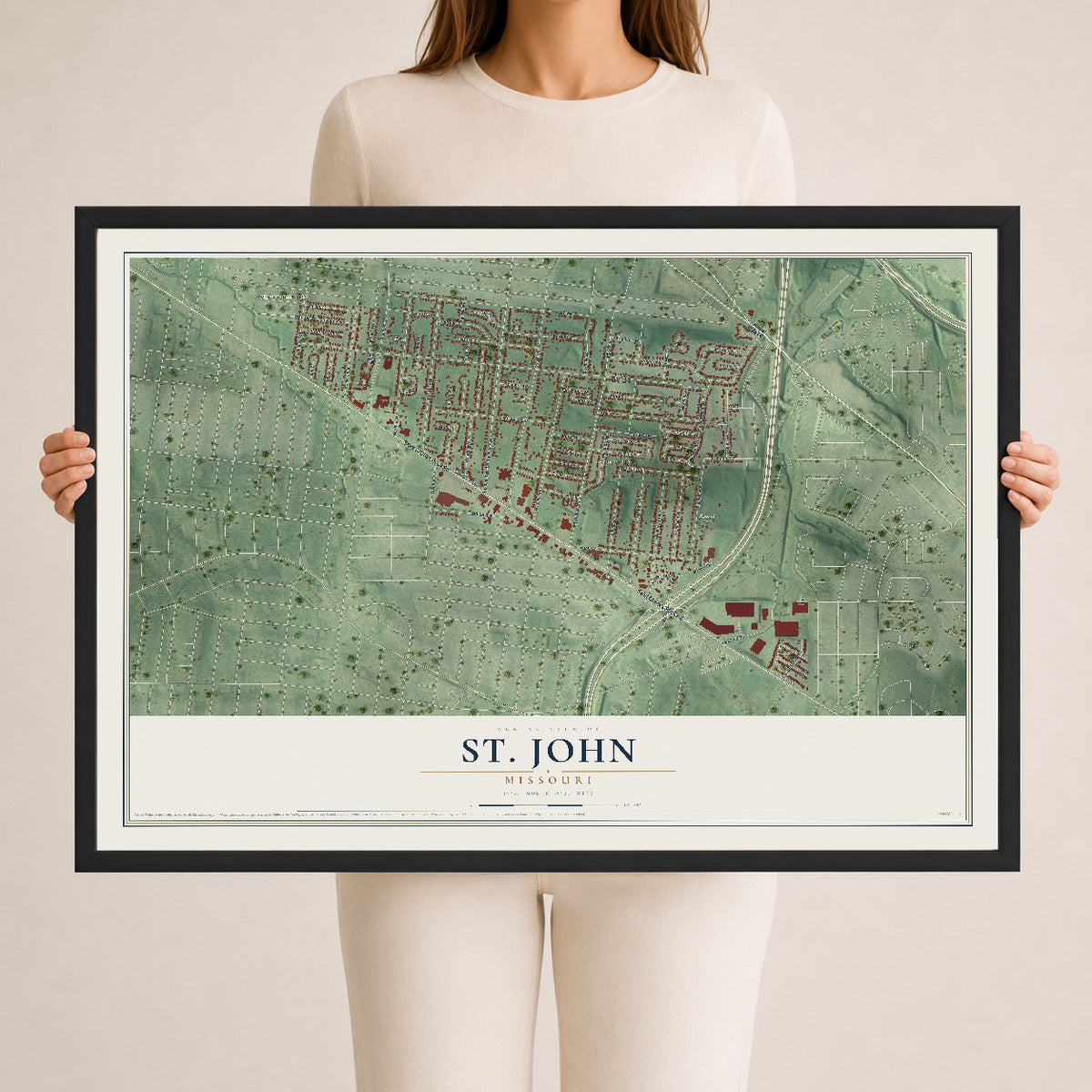 Map of St. John, Missouri, 24 x 36 inch print in a black wood frame