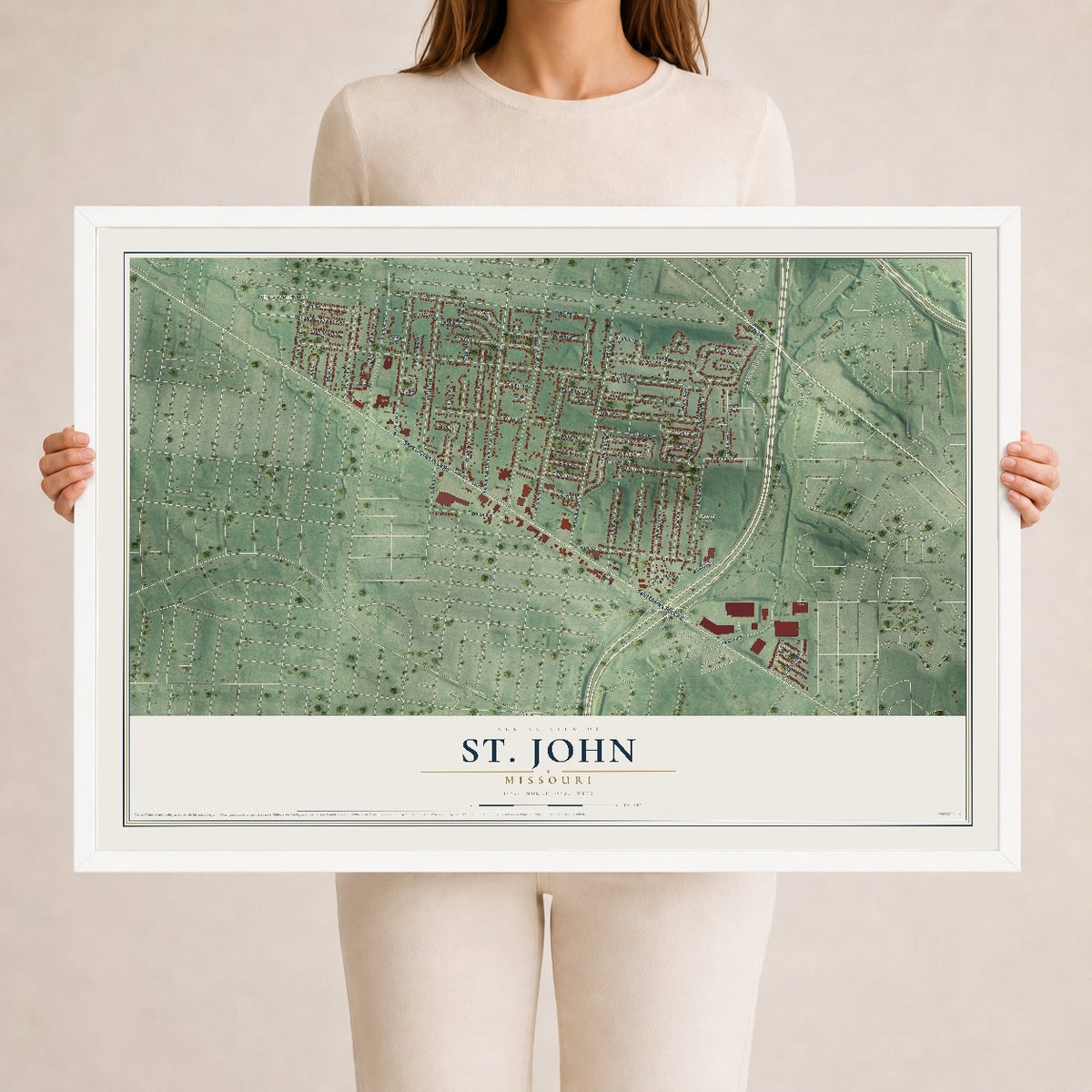 Map of St. John, Missouri, 24 x 36 inch print in a white wood frame