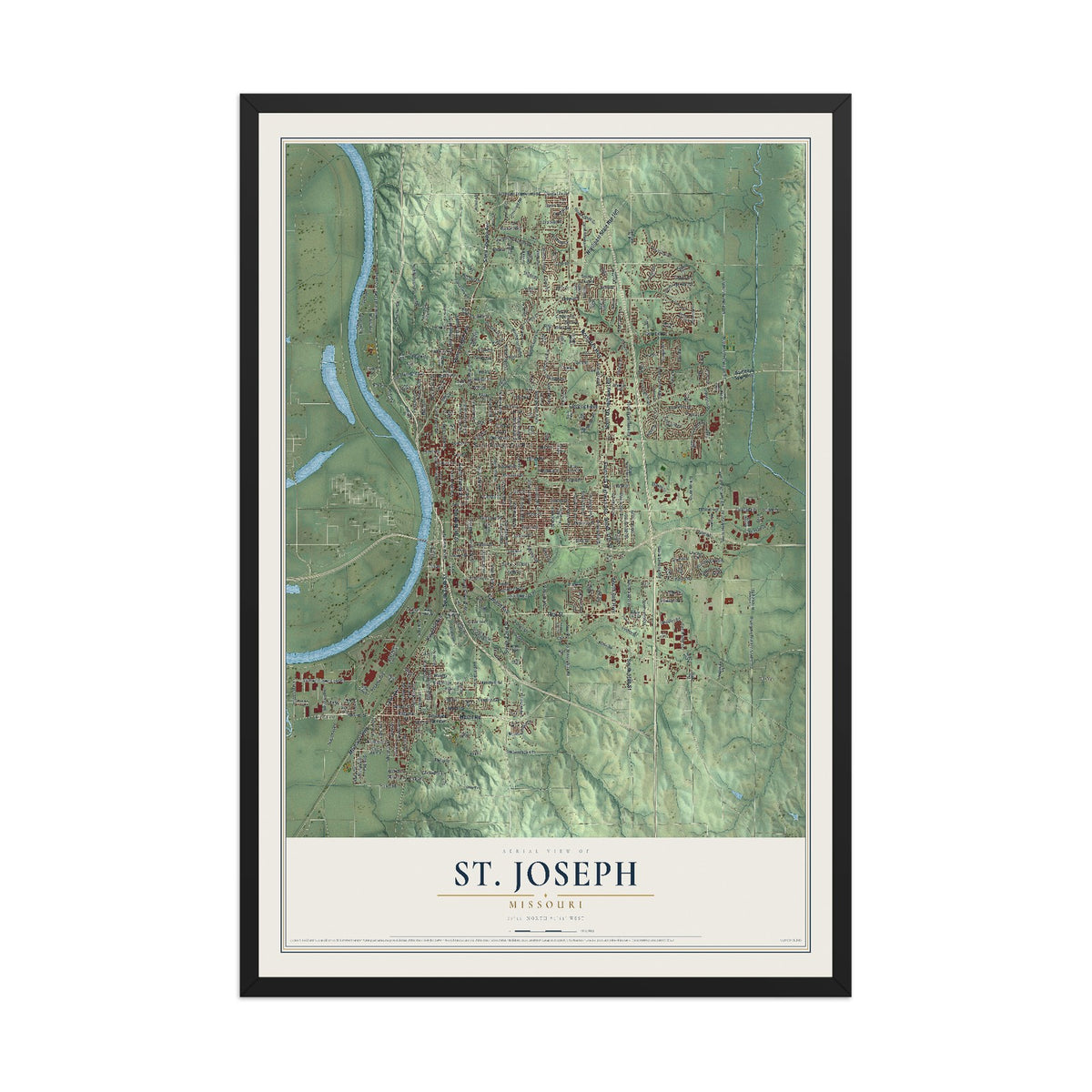 Map of St. Joseph, Missouri, 12 x 18 inch print in a black wood frame