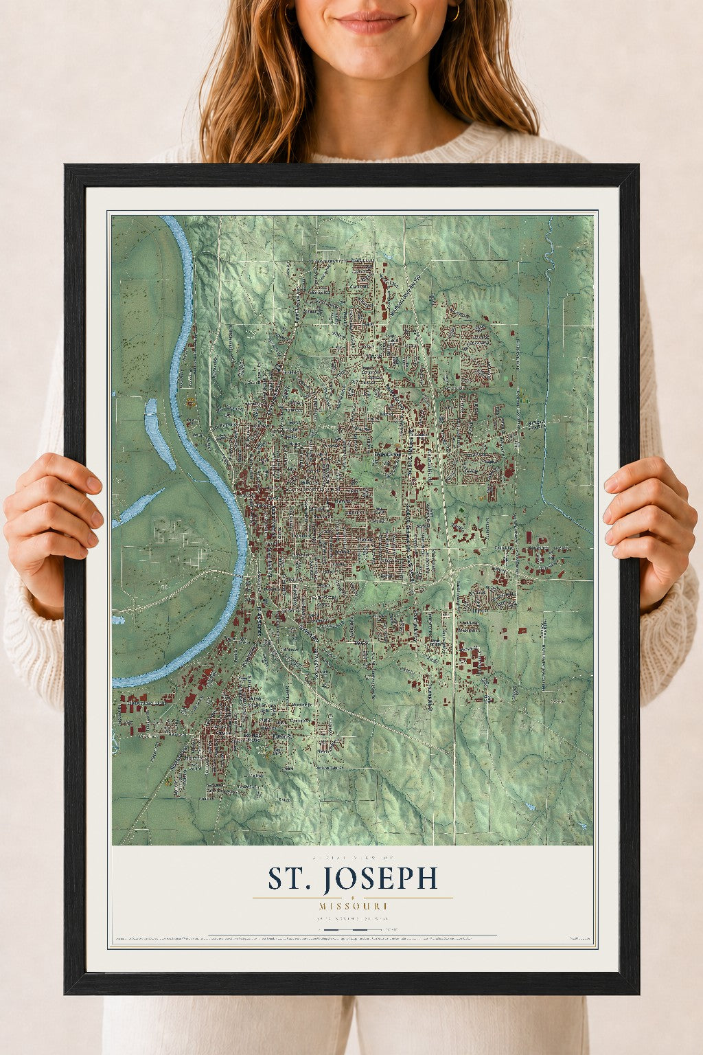 Map of St. Joseph, Missouri, 18 x 24 inch print in a black wood frame