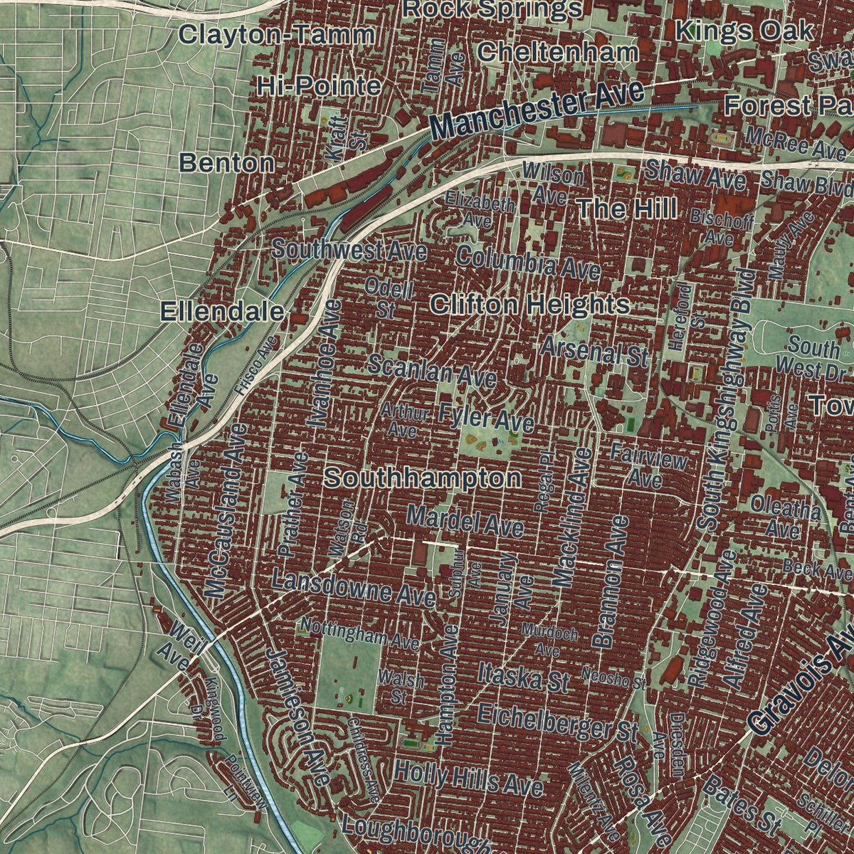 Second close-up of the map of St. Louis, Missouri print showing more streets and buildings