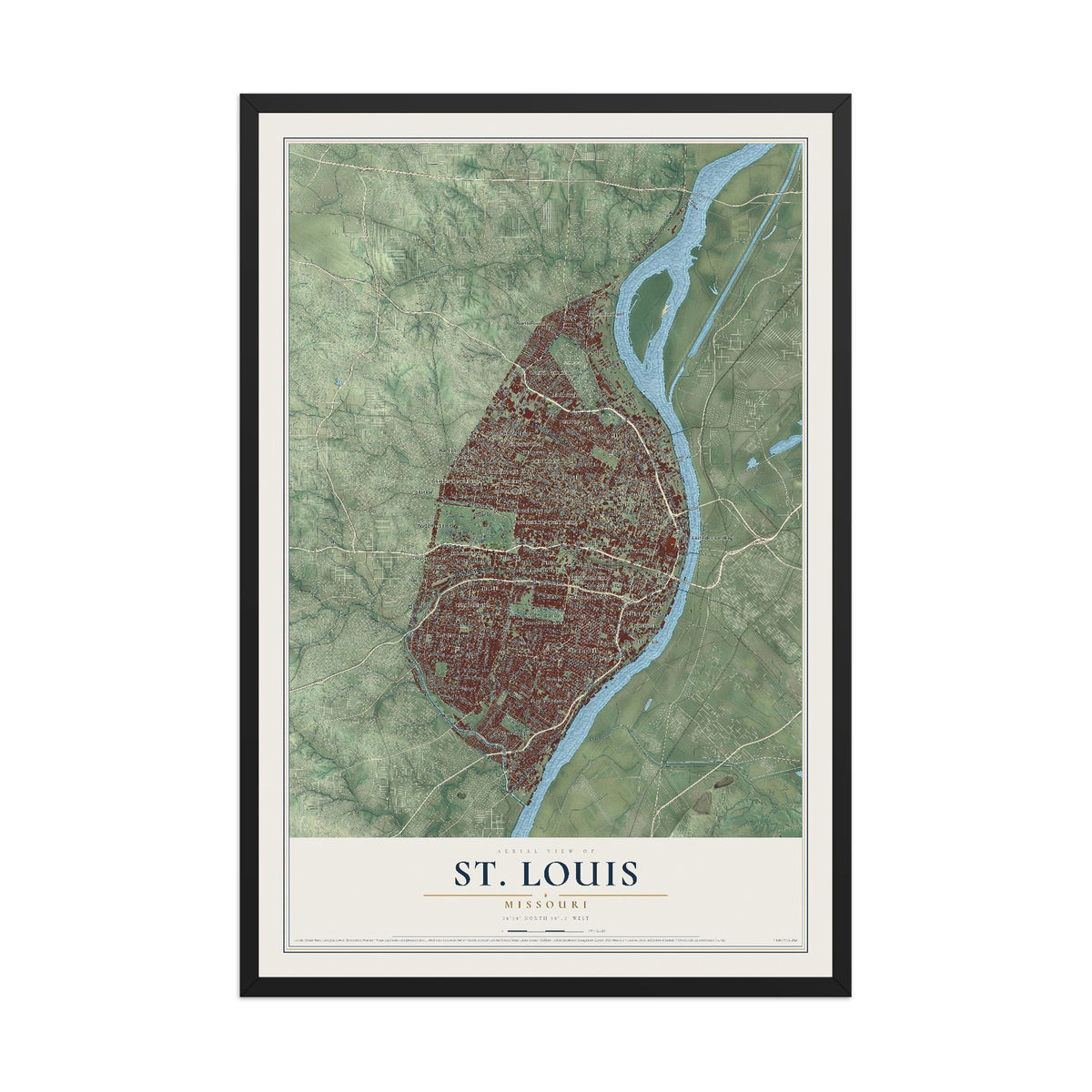 Map of St. Louis, Missouri, 12 x 18 inch print in a black wood frame