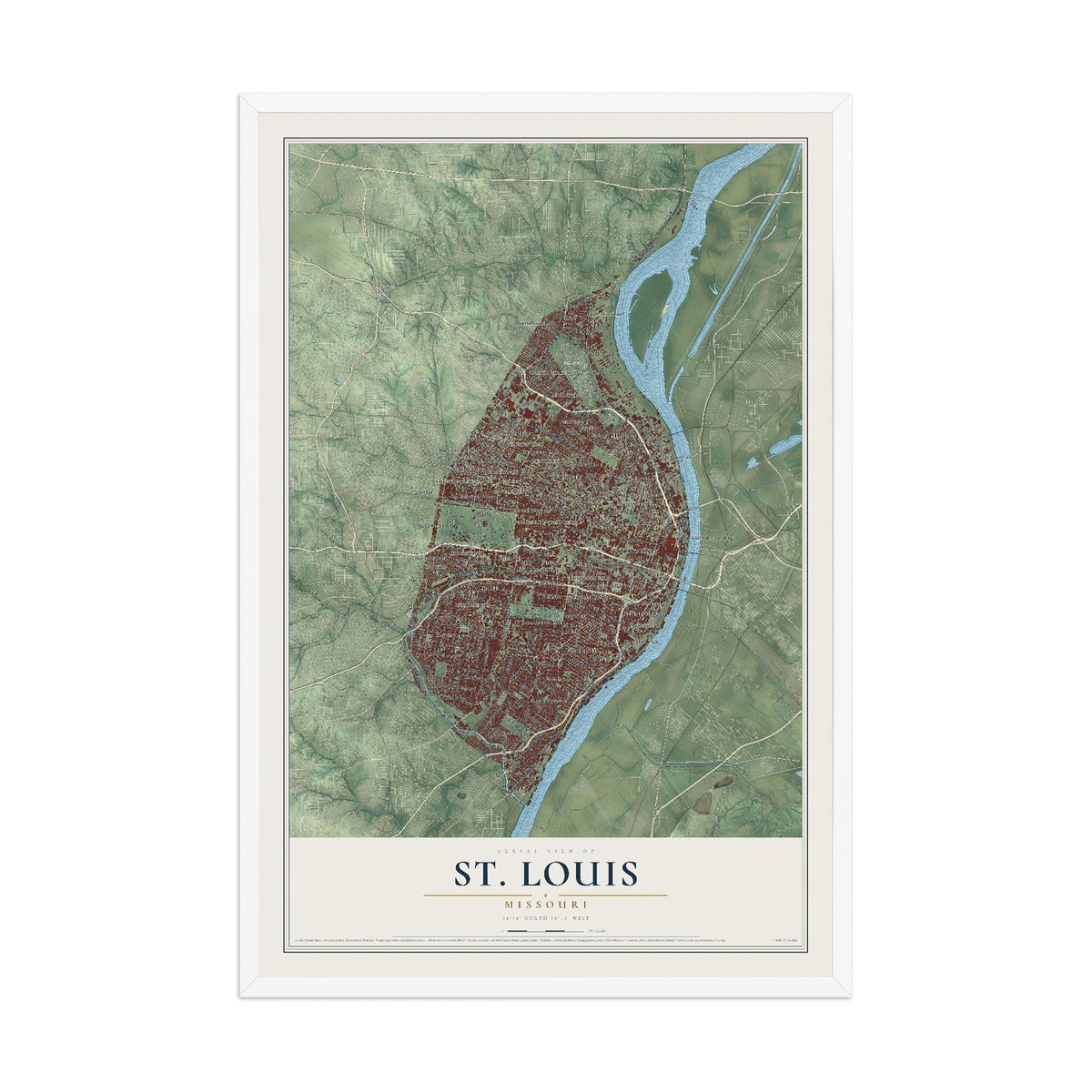 Map of St. Louis, Missouri, 12 x 18 inch print in a white wood frame