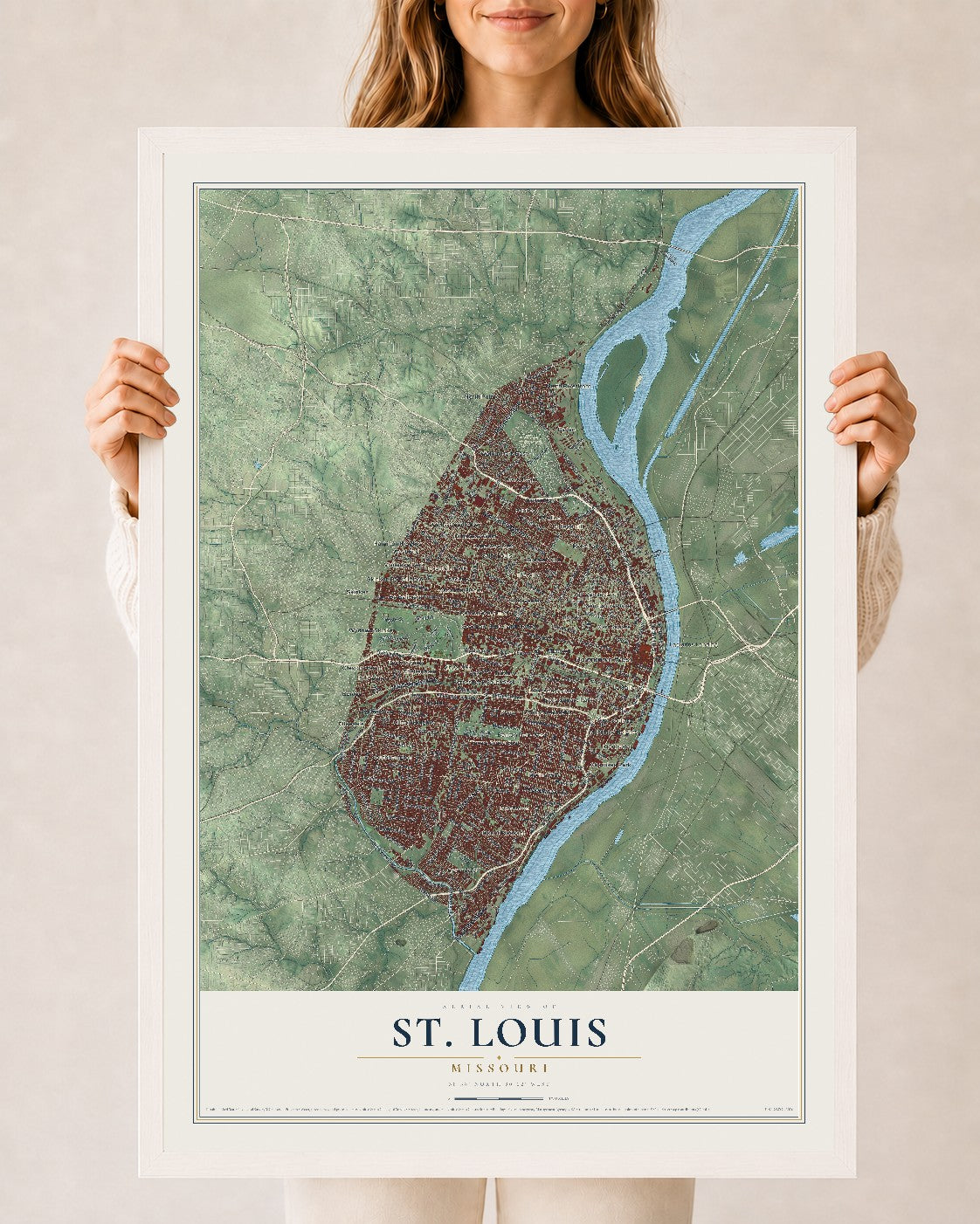 Map of St. Louis, Missouri, 24 x 36 inch print in a white wood frame