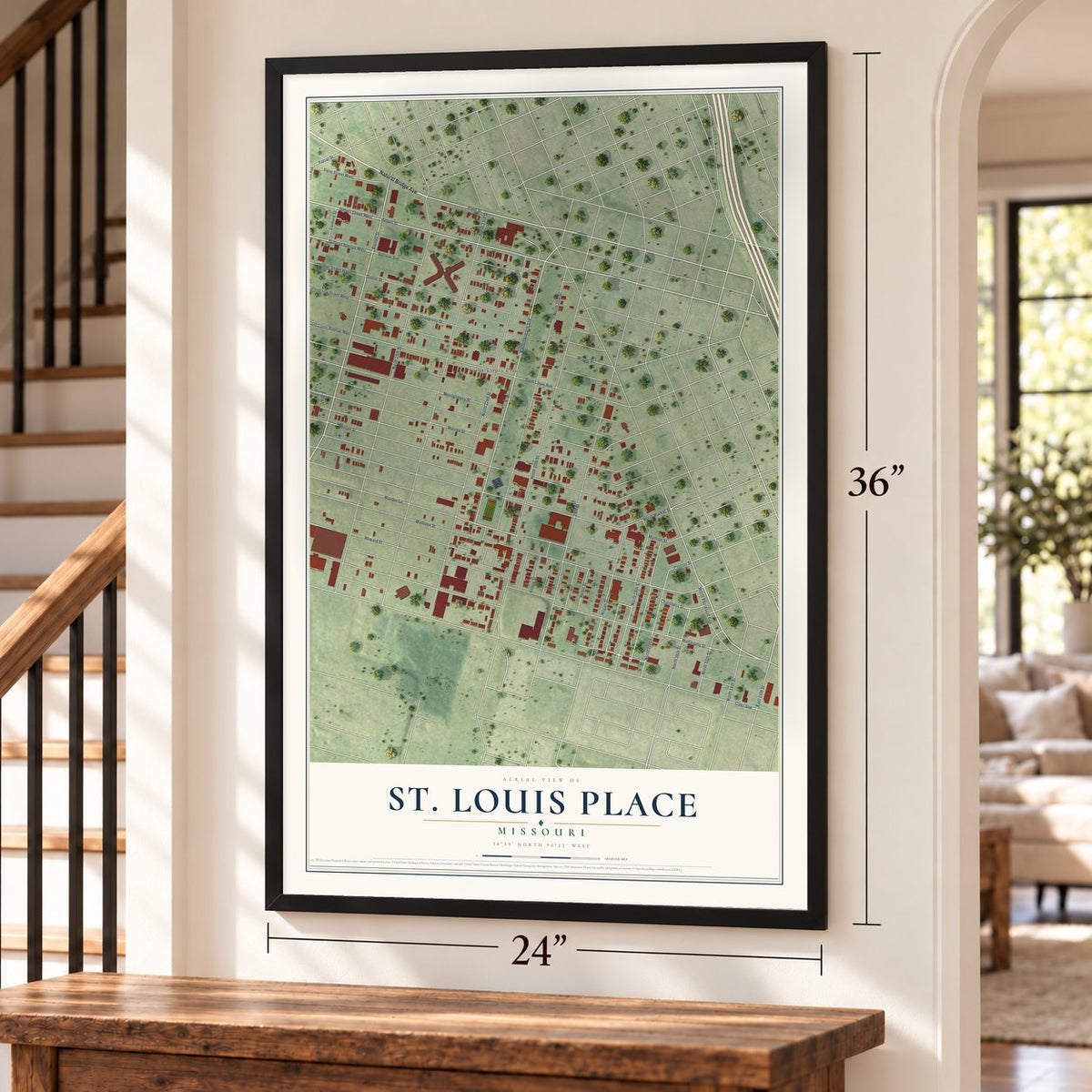 St. Louis Place, Missouri map, 24 x 36 inch print in a black frame by a staircase