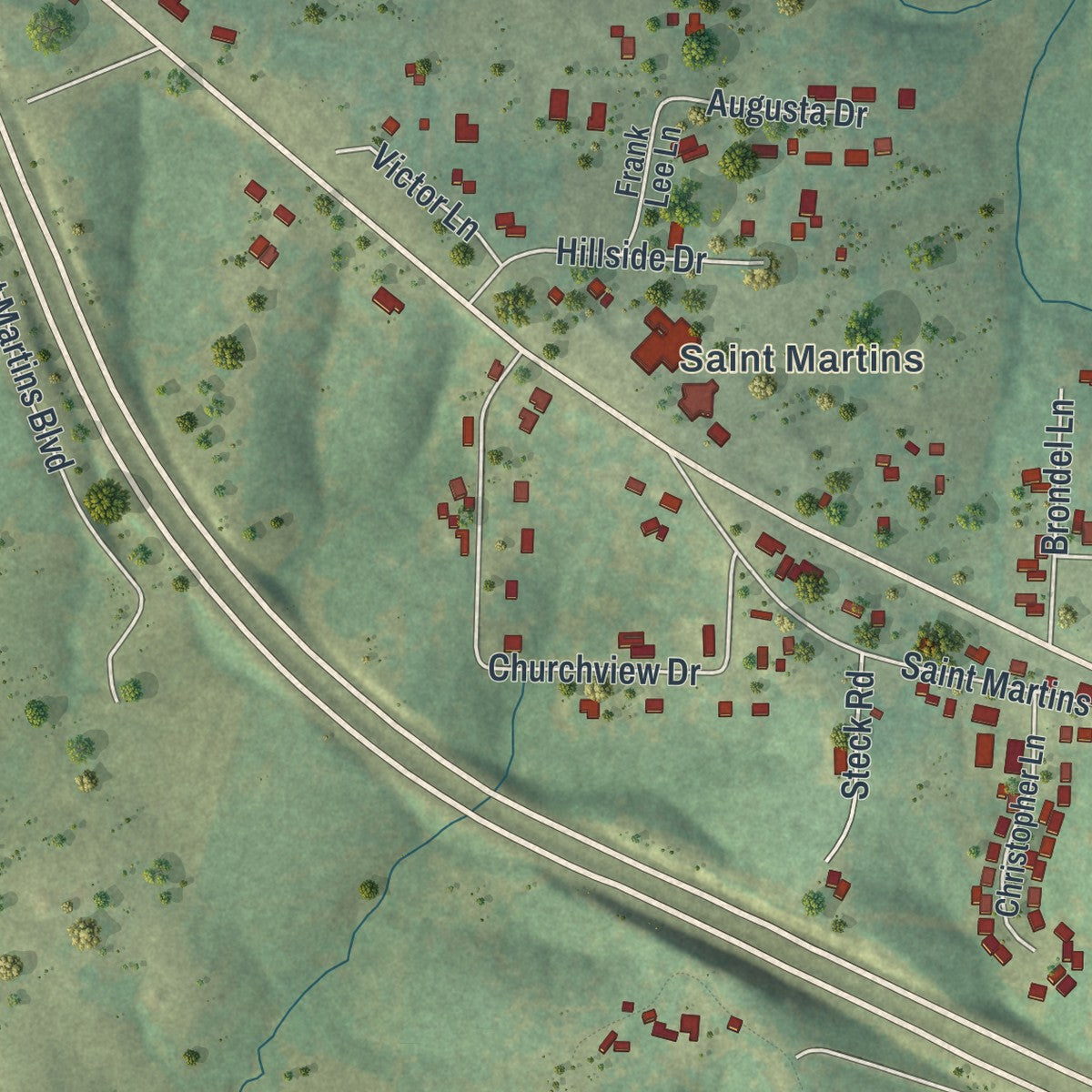 Close-up of the map of St. Martins, Missouri print showing street and building detail