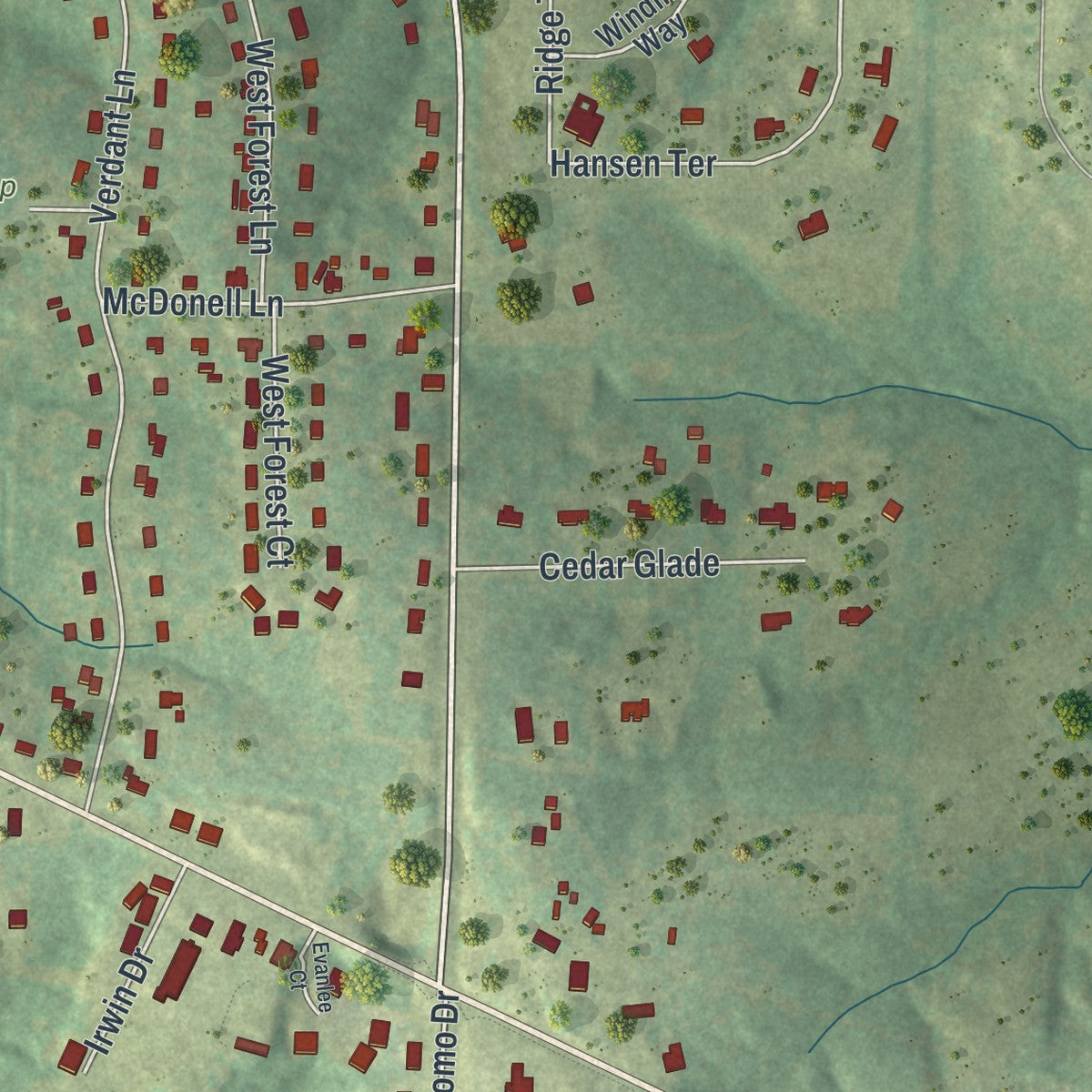 Second close-up of the map of St. Martins, Missouri print showing more streets and buildings