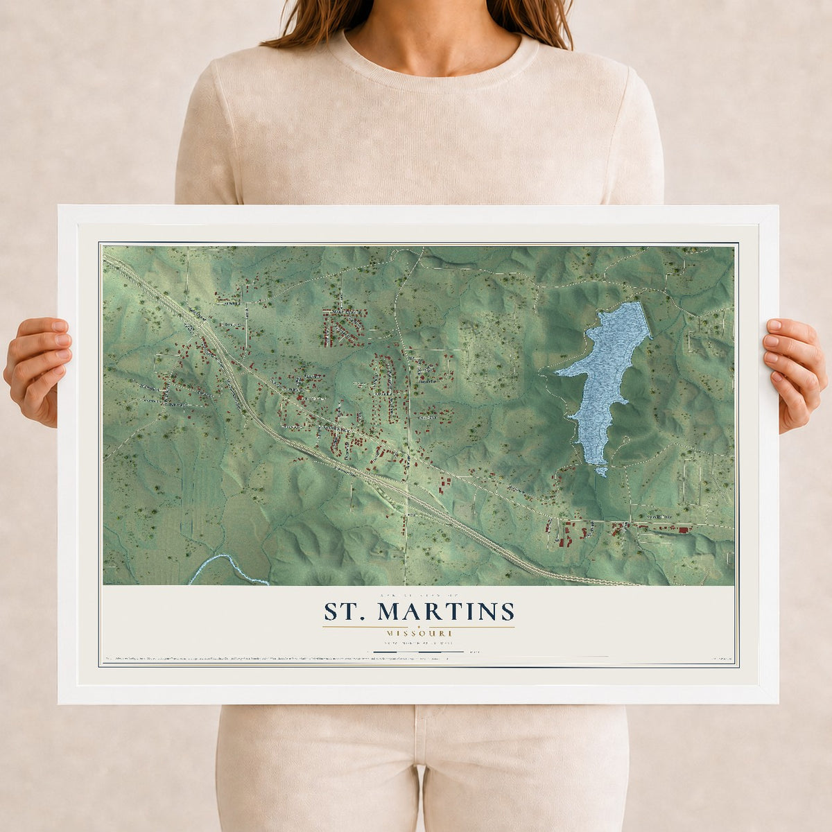 Map of St. Martins, Missouri, 12 x 18 inch print in a white wood frame