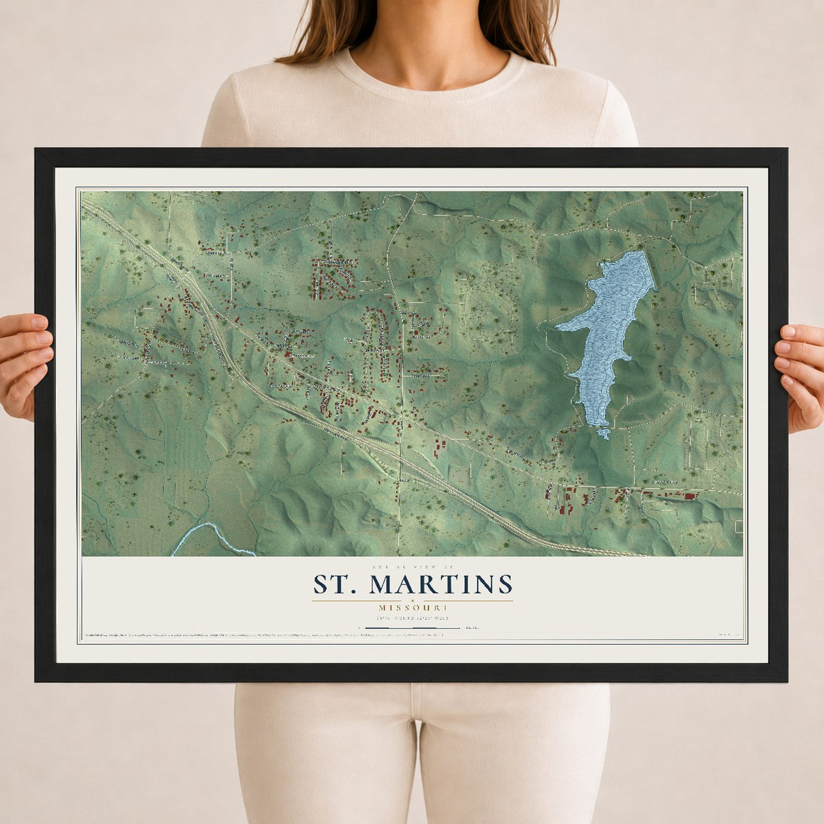 Map of St. Martins, Missouri, 18 x 24 inch print in a black wood frame