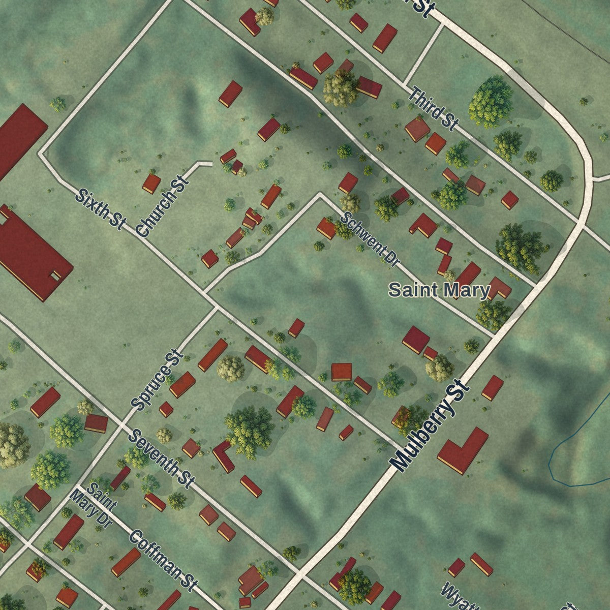 Close-up of the map of St. Mary, Missouri print showing street and building detail